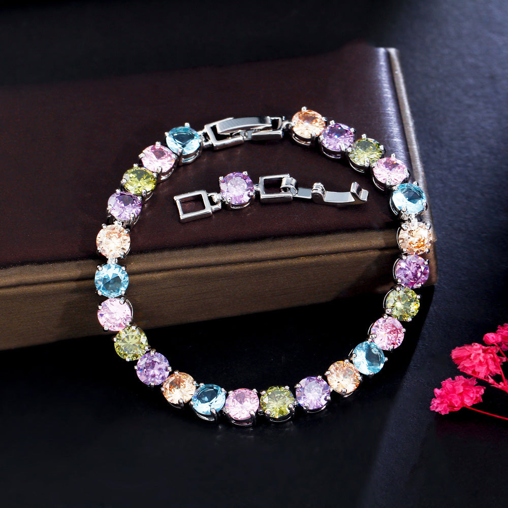 Quality Round Cut Cubic Zirconia Stone Elegant Lady Rainbow Color CZ Tennis Bracelets Bangles for Party Jewelry