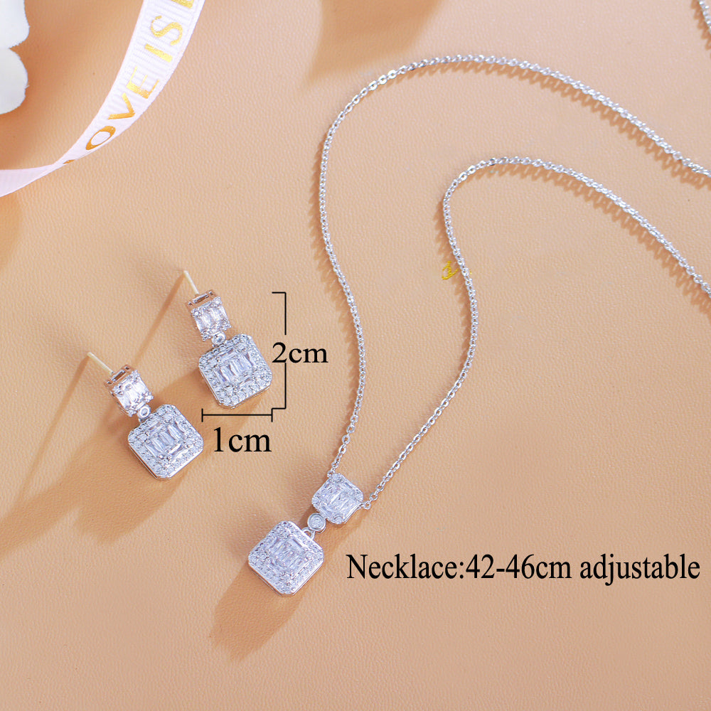 Elegant Retro Square Zircon Necklace Earrings Suit Light Luxury Nice Design Dinner Dress Chain Women Jewelry Set