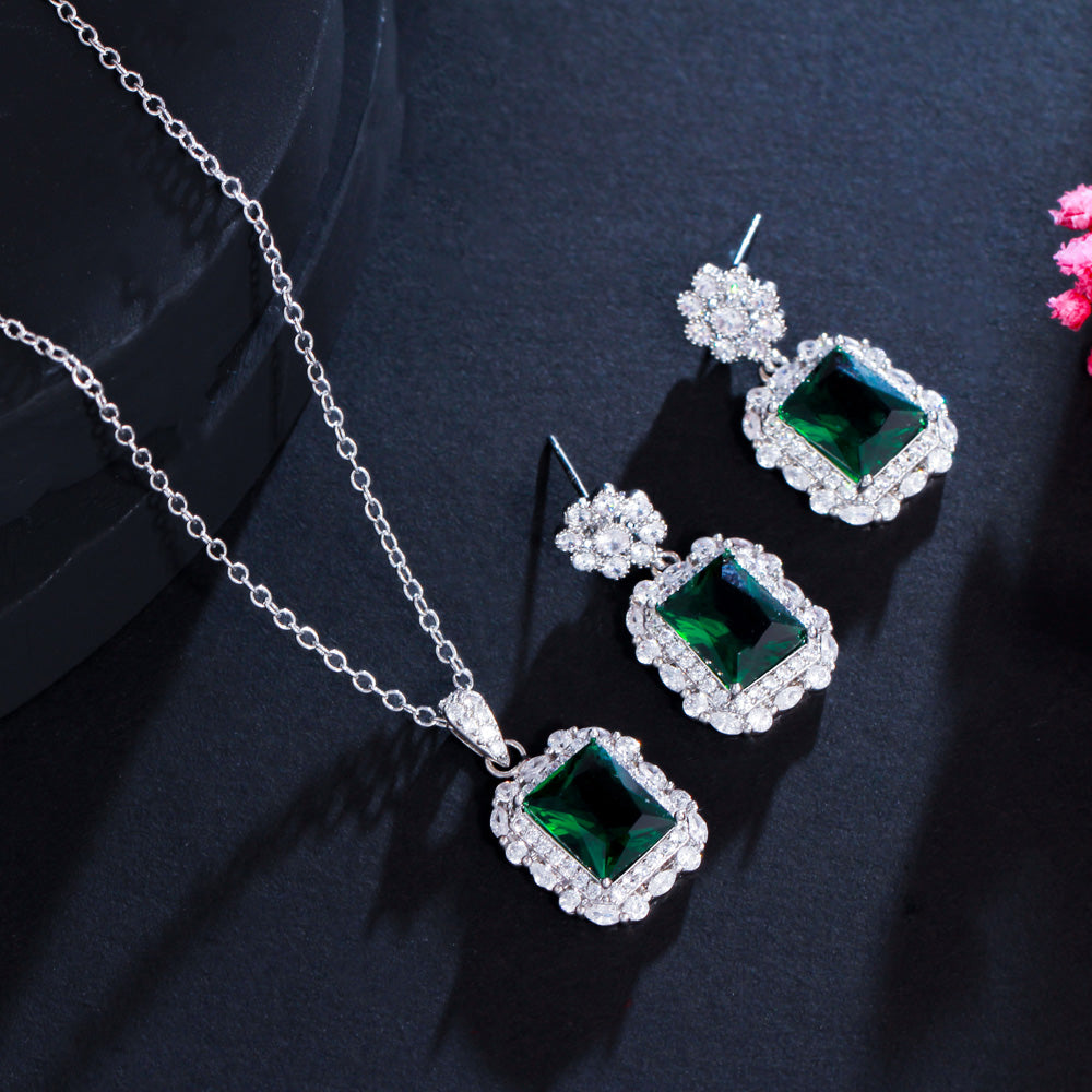 Milade Aura - Shining Square Cubic Zirconia Flower Fashion Jewelry Set Drop Earring Chain Link Necklace for Women