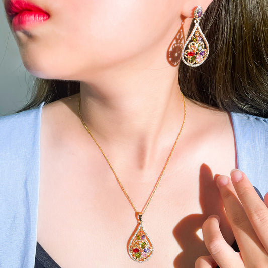 Water Drop Indian Yellow Gold Plated Vintage Flower Jewelry Sets Multicolor Cubic Zirconia Earrings and Necklace Set for Women