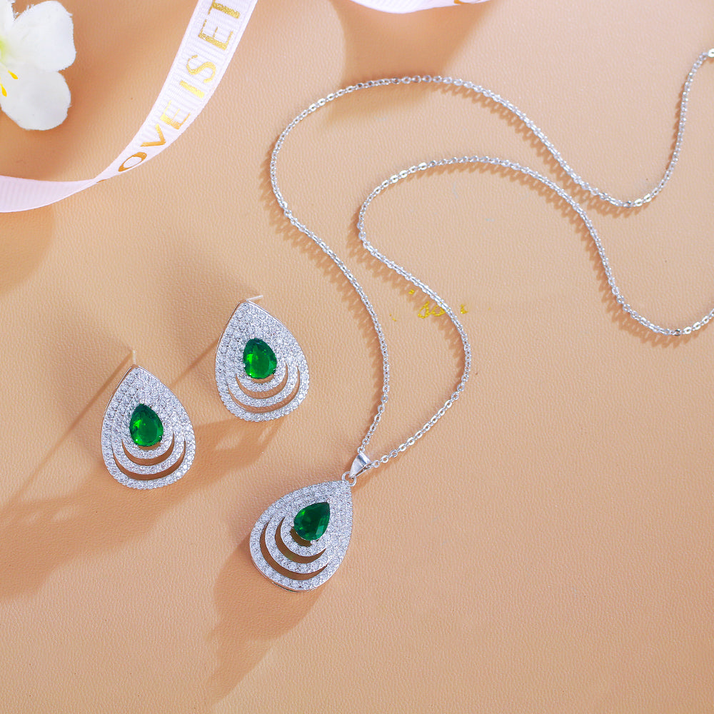 Elegant Earrings and Necklace Ladies Cubic Zirconia Stone Teardrop Fashion Party Jewelry Set for Girls and Women