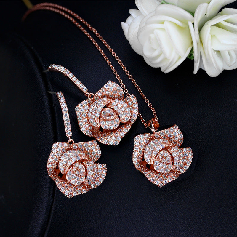 Fashion Brand Geometric Flower Design Cubic Zircon Women Earrings Big Pendant Necklace Jewelry Sets for Women