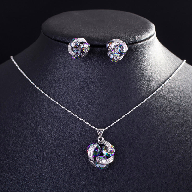 Round Multi Color Fire Mystic Topaz Cubic Zirconia Crystal Simple Stud Earrings Necklace Jewelry Sets for Girls and Women