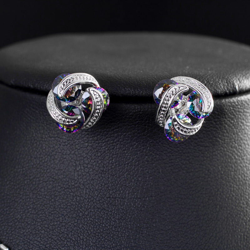 Round Multi Color Fire Mystic Topaz Cubic Zirconia Crystal Simple Stud Earrings Necklace Jewelry Sets for Girls and Women