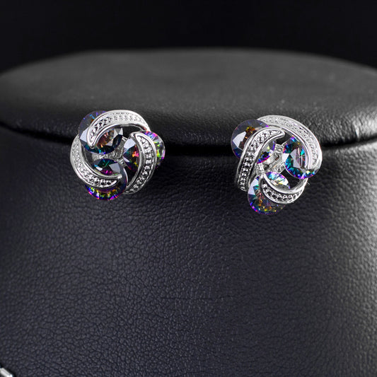 Round Multi Color Fire Mystic Topaz Cubic Zirconia Crystal Simple Stud Earrings Necklace Jewelry Sets for Girls and Women
