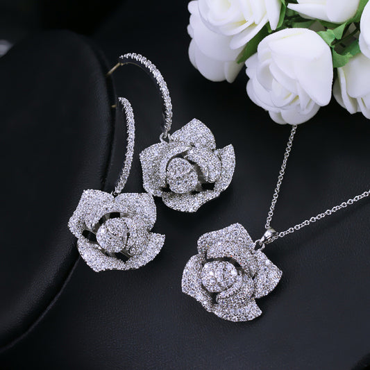 Fashion Brand Geometric Flower Design Cubic Zircon Women Earrings Big Pendant Necklace Jewelry Sets for Women
