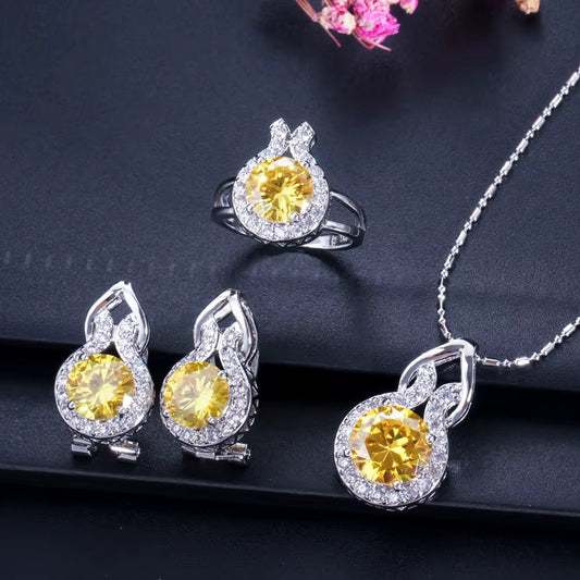 Romantic Cubic Zircon Stone Series 3pcs Pendant Earrings Necklace and Ring Fashion Women Engagement Costume Jewelry Sets