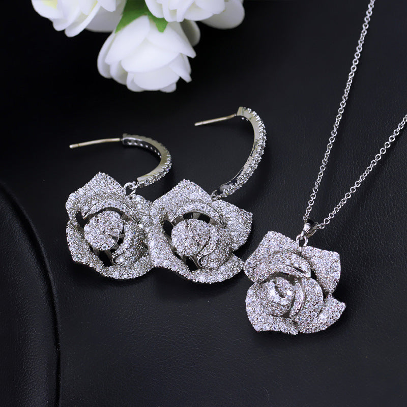 Fashion Brand Geometric Flower Design Cubic Zircon Women Earrings Big Pendant Necklace Jewelry Sets for Women