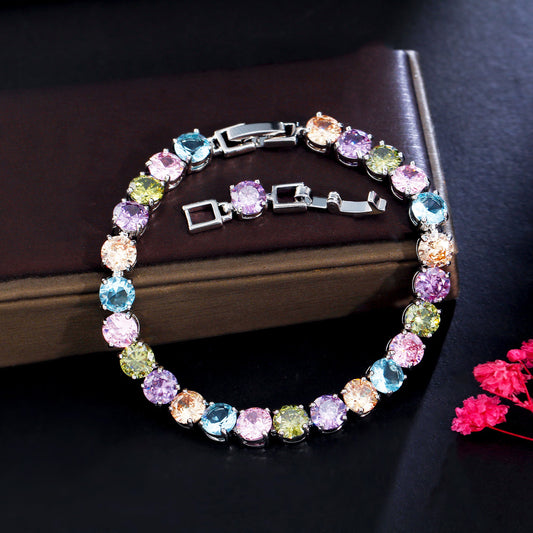 Quality Round Cut Cubic Zirconia Stone Elegant Lady Rainbow Color CZ Tennis Bracelets Bangles for Party Jewelry