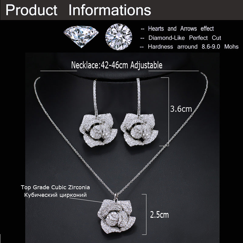 Fashion Brand Geometric Flower Design Cubic Zircon Women Earrings Big Pendant Necklace Jewelry Sets for Women