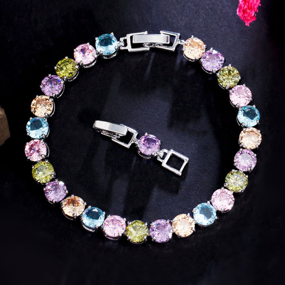 Quality Round Cut Cubic Zirconia Stone Elegant Lady Rainbow Color CZ Tennis Bracelets Bangles for Party Jewelry