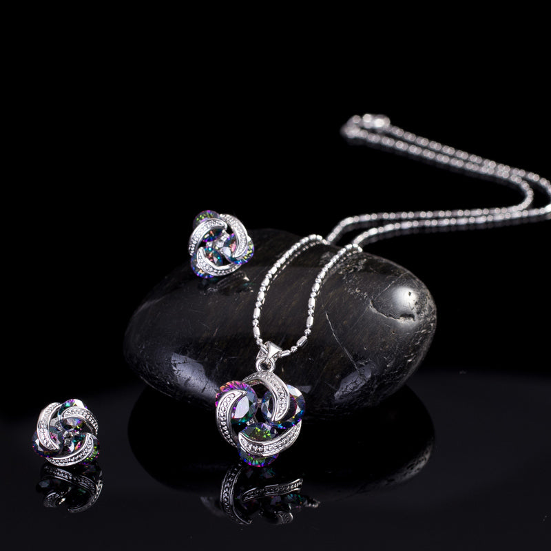 Round Multi Color Fire Mystic Topaz Cubic Zirconia Crystal Simple Stud Earrings Necklace Jewelry Sets for Girls and Women