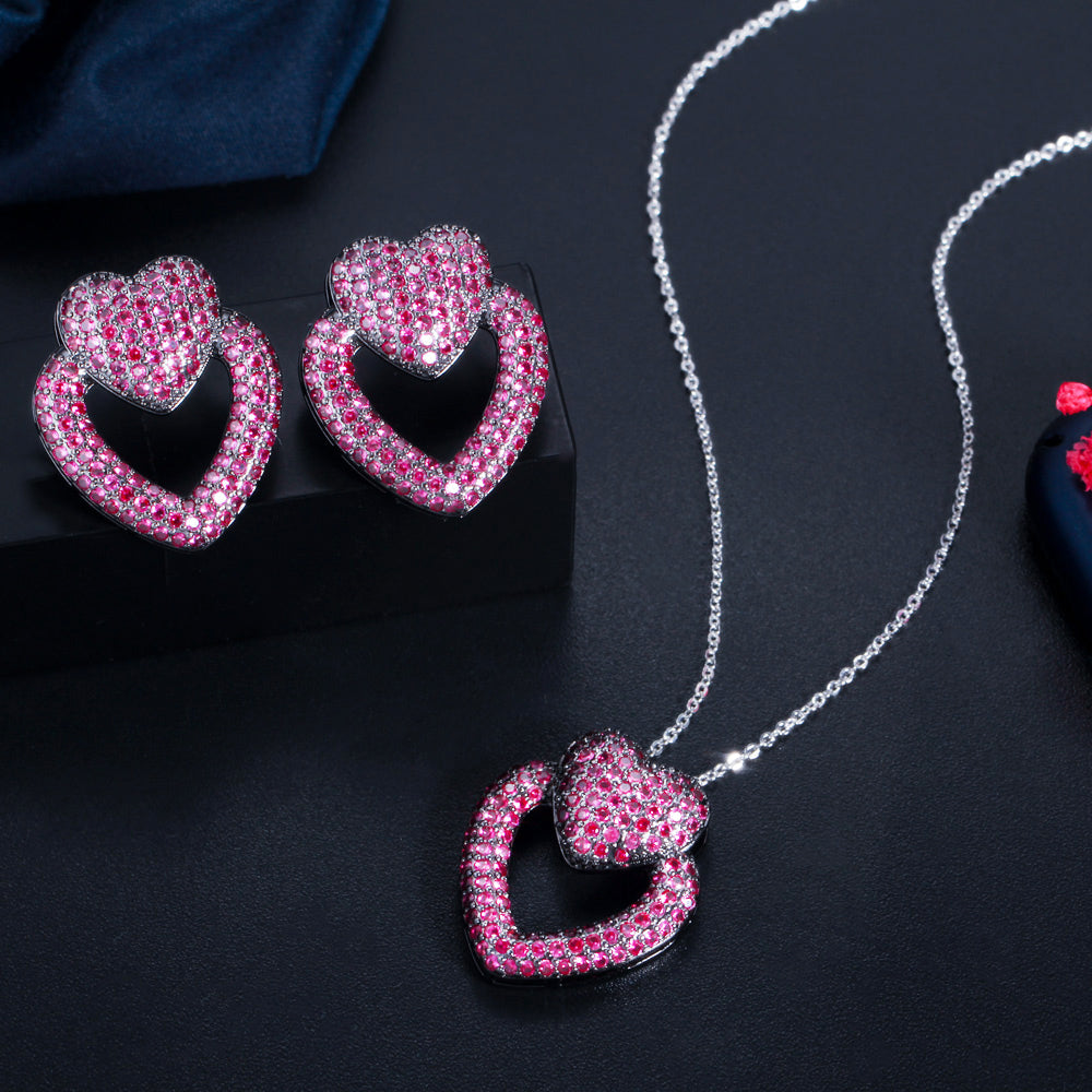 18K Gold Plated Micro Pave White Cubic Zircon Fashion Double Love Heart Shape Jewelry Set Stud Earring Necklace for Female Gifts