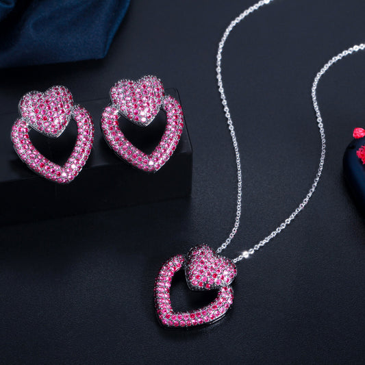 18K Gold Plated Micro Pave White Cubic Zircon Fashion Double Love Heart Shape Jewelry Set Stud Earring Necklace for Female Gifts