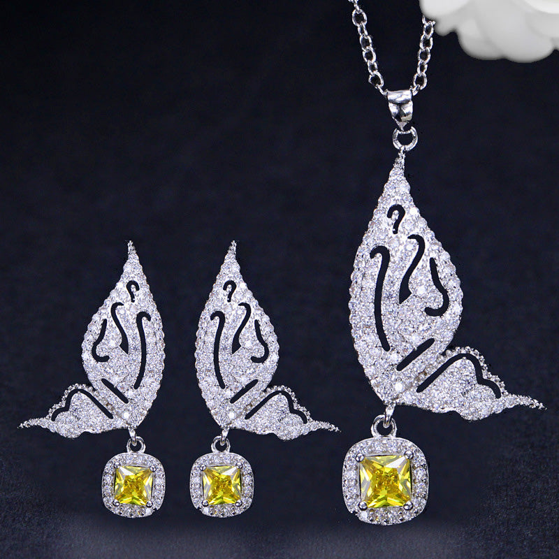 White Gold Color Animal Lovely Big Butterfly Shape Fashion Earrings and Necklace Cubic Zircon Pendant Jewelry Set for Women