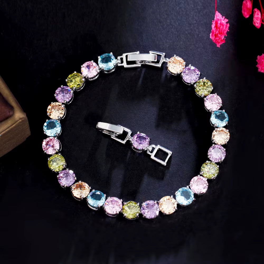 Quality Round Cut Cubic Zirconia Stone Elegant Lady Rainbow Color CZ Tennis Bracelets Bangles for Party Jewelry
