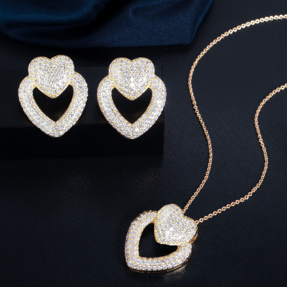 18K Gold Plated Micro Pave White Cubic Zircon Fashion Double Love Heart Shape Jewelry Set Stud Earring Necklace for Female Gifts