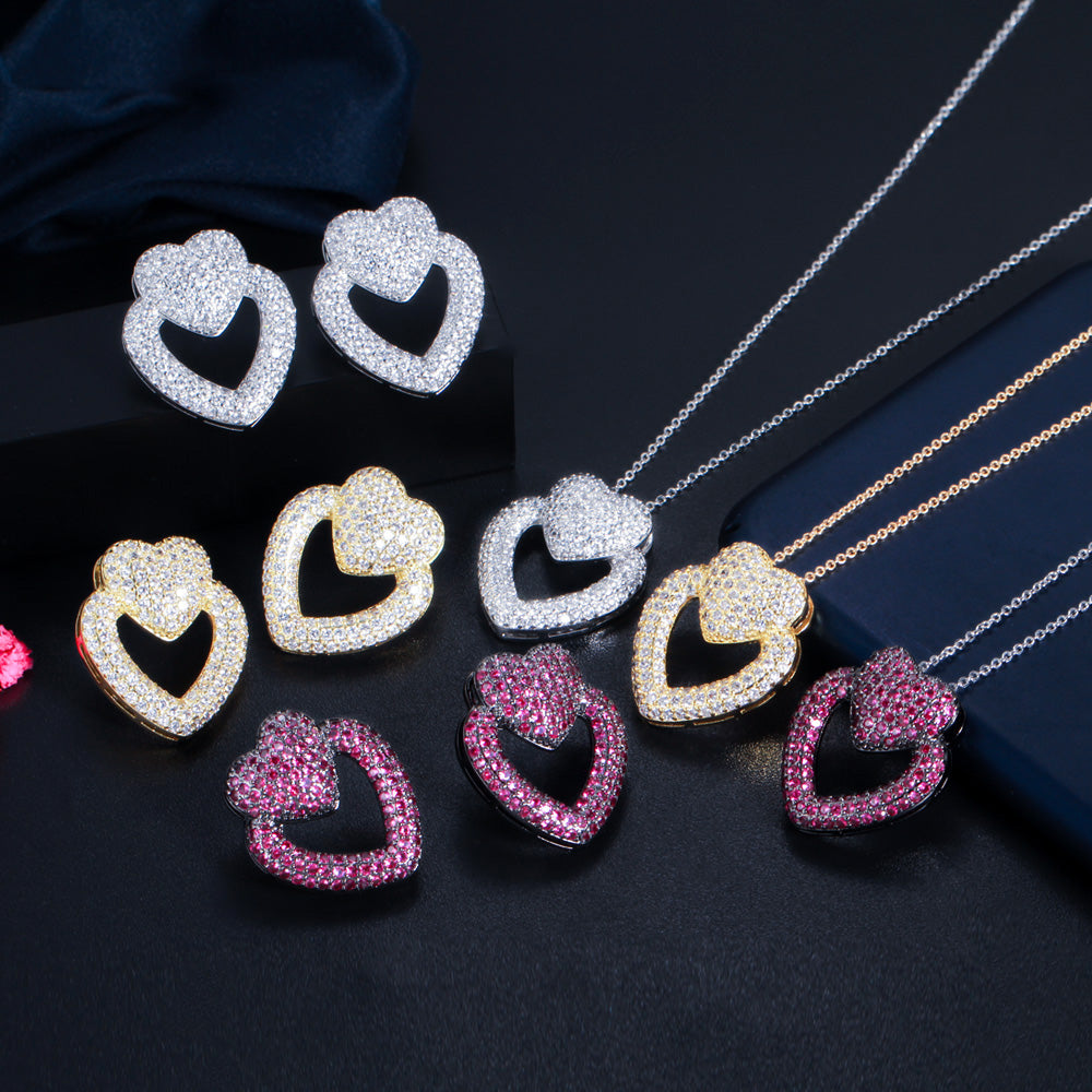 18K Gold Plated Micro Pave White Cubic Zircon Fashion Double Love Heart Shape Jewelry Set Stud Earring Necklace for Female Gifts