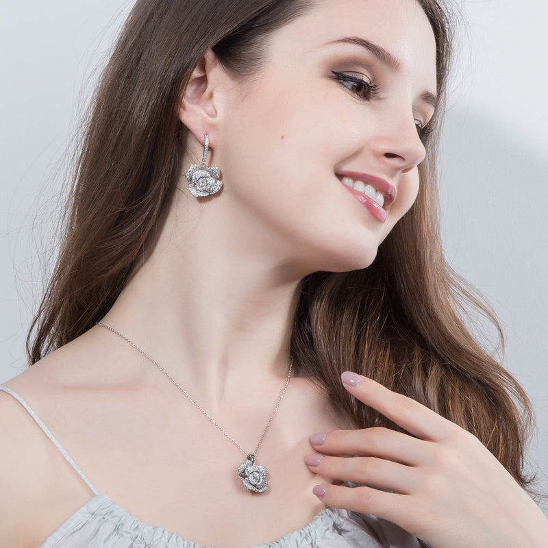 Fashion Brand Geometric Flower Design Cubic Zircon Women Earrings Big Pendant Necklace Jewelry Sets for Women