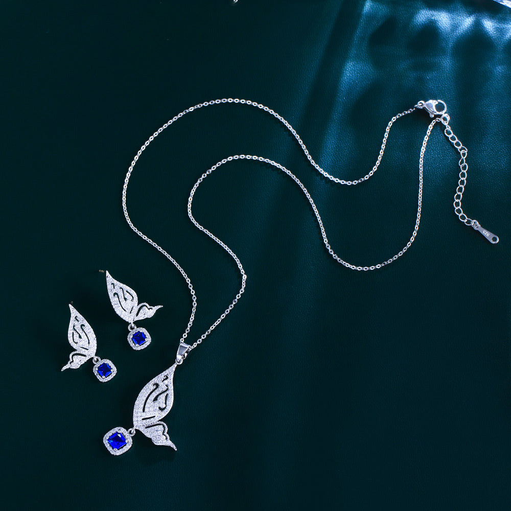 White Gold Color Animal Lovely Big Butterfly Shape Fashion Earrings and Necklace Cubic Zircon Pendant Jewelry Set for Women