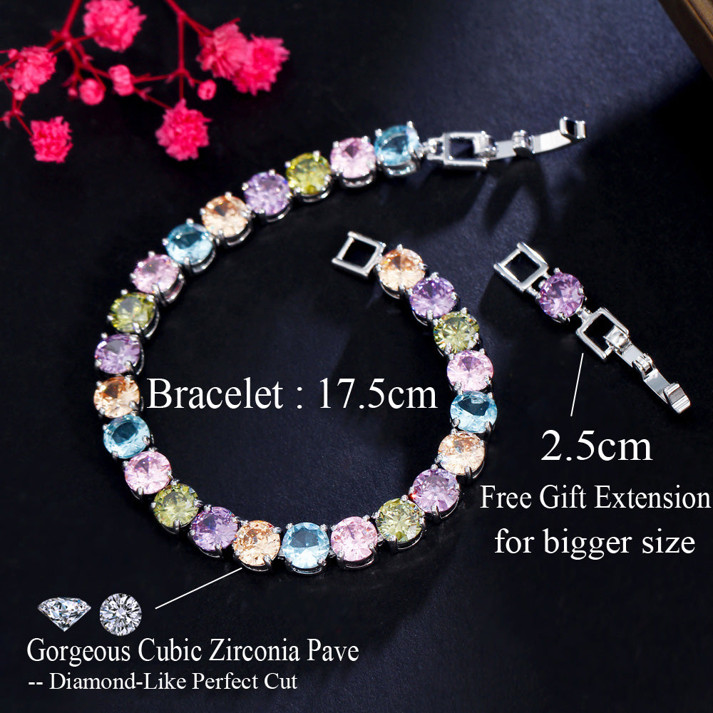 Quality Round Cut Cubic Zirconia Stone Elegant Lady Rainbow Color CZ Tennis Bracelets Bangles for Party Jewelry
