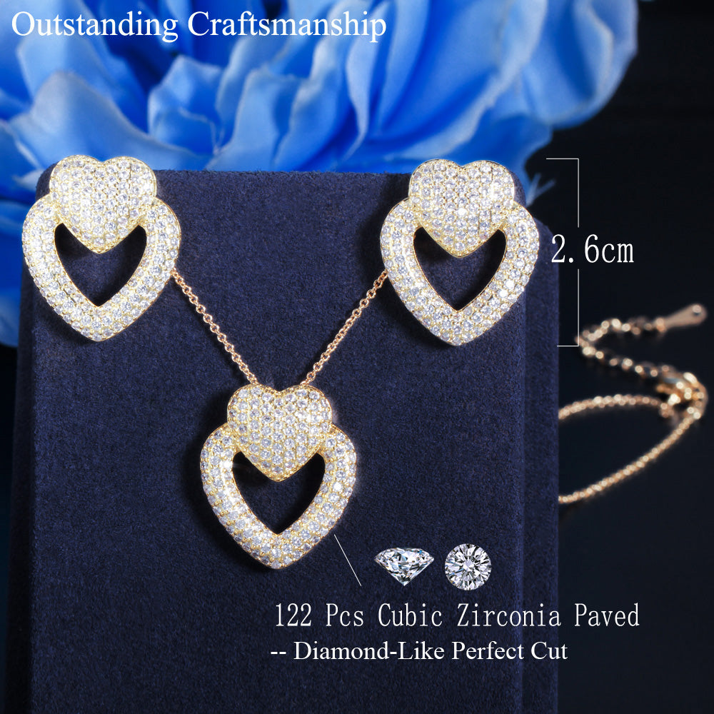 18K Gold Plated Micro Pave White Cubic Zircon Fashion Double Love Heart Shape Jewelry Set Stud Earring Necklace for Female Gifts