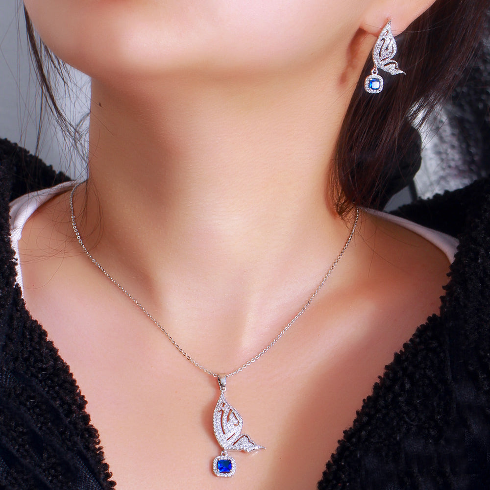 White Gold Color Animal Lovely Big Butterfly Shape Fashion Earrings and Necklace Cubic Zircon Pendant Jewelry Set for Women