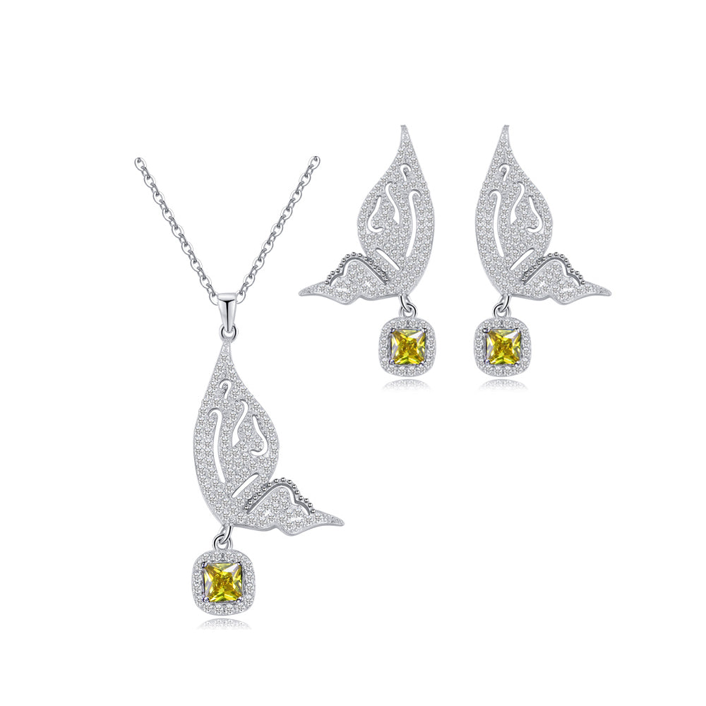 White Gold Color Animal Lovely Big Butterfly Shape Fashion Earrings and Necklace Cubic Zircon Pendant Jewelry Set for Women