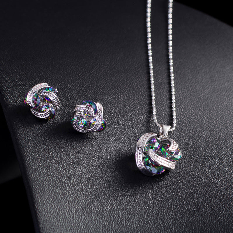 Round Multi Color Fire Mystic Topaz Cubic Zirconia Crystal Simple Stud Earrings Necklace Jewelry Sets for Girls and Women