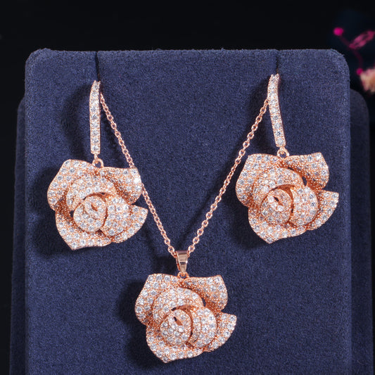 Fashion Brand Geometric Flower Design Cubic Zircon Women Earrings Big Pendant Necklace Jewelry Sets for Women