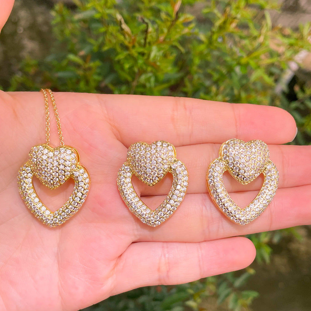 18K Gold Plated Micro Pave White Cubic Zircon Fashion Double Love Heart Shape Jewelry Set Stud Earring Necklace for Female Gifts