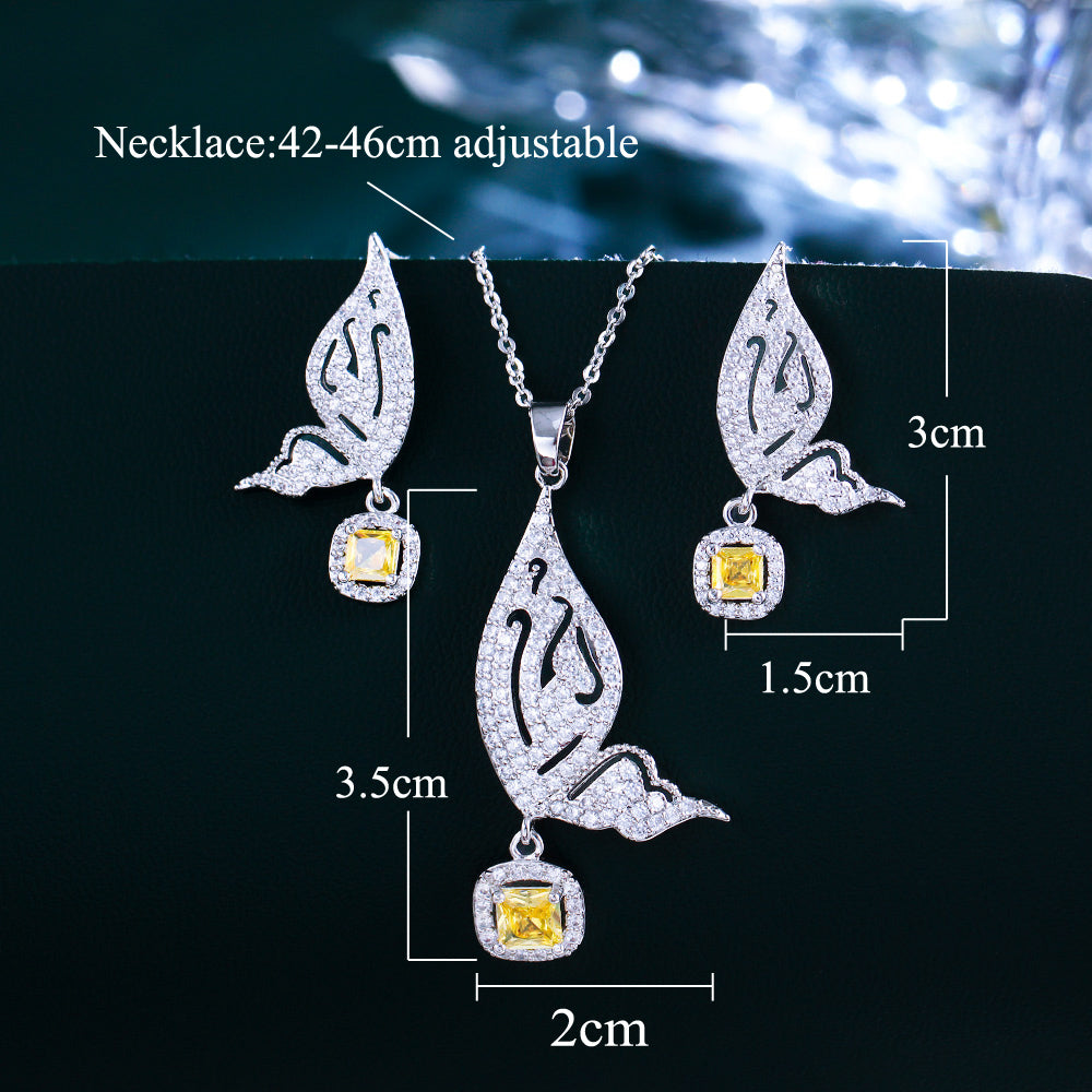 White Gold Color Animal Lovely Big Butterfly Shape Fashion Earrings and Necklace Cubic Zircon Pendant Jewelry Set for Women