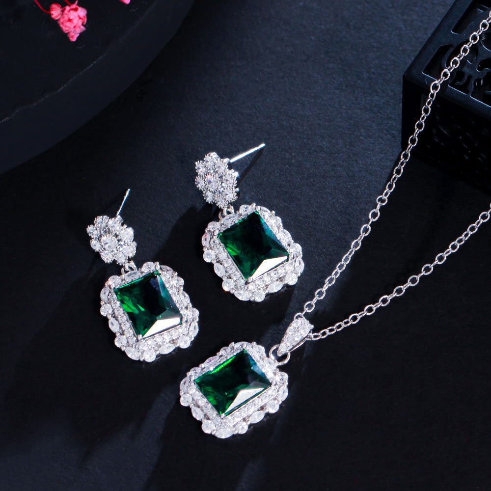 Milade Aura - Shining Square Cubic Zirconia Flower Fashion Jewelry Set Drop Earring Chain Link Necklace for Women
