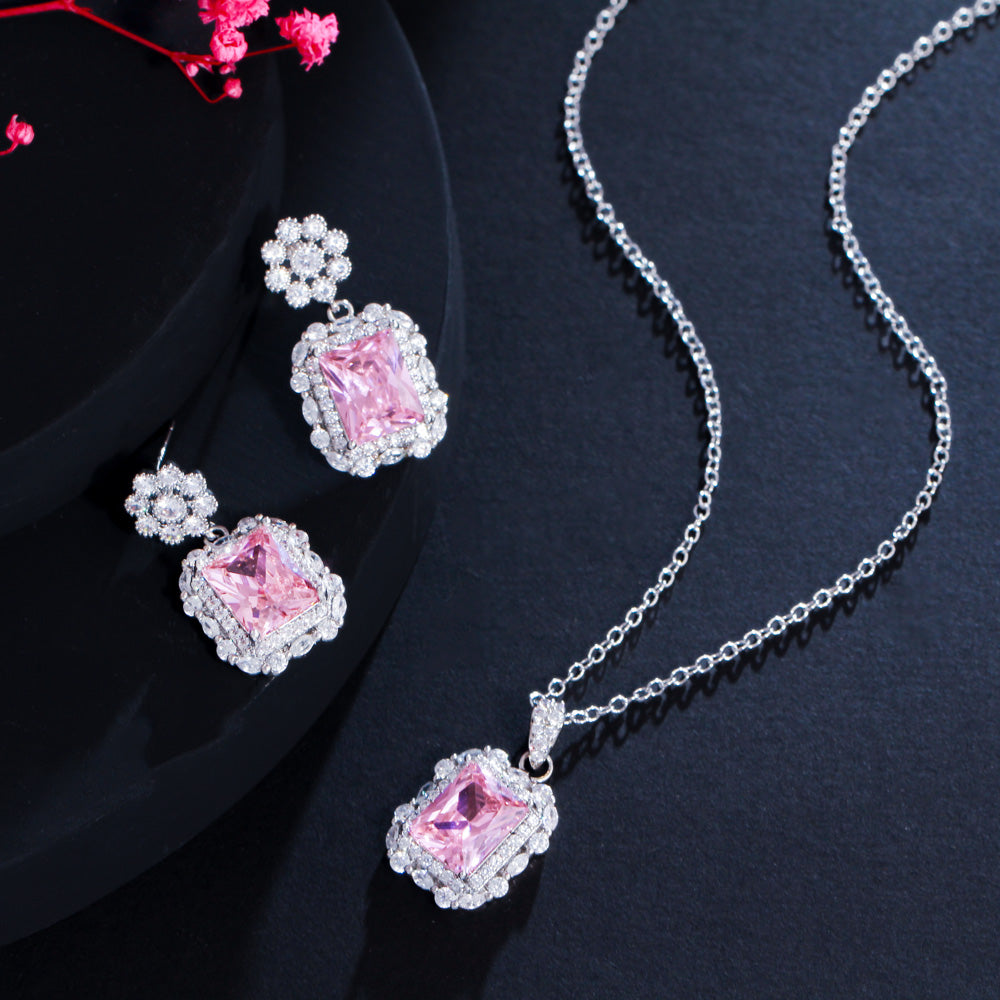 Milade Aura - Shining Square Cubic Zirconia Flower Fashion Jewelry Set Drop Earring Chain Link Necklace for Women