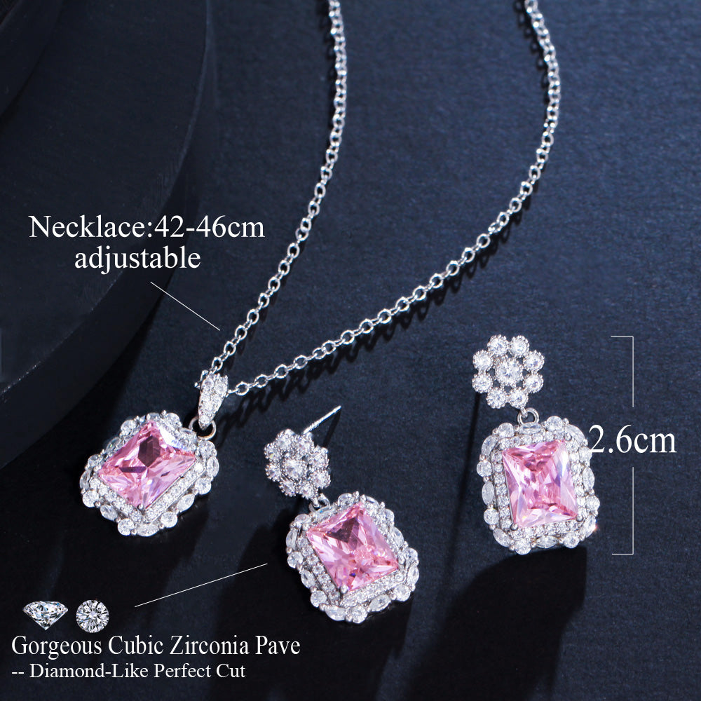 Milade Aura - Shining Square Cubic Zirconia Flower Fashion Jewelry Set Drop Earring Chain Link Necklace for Women