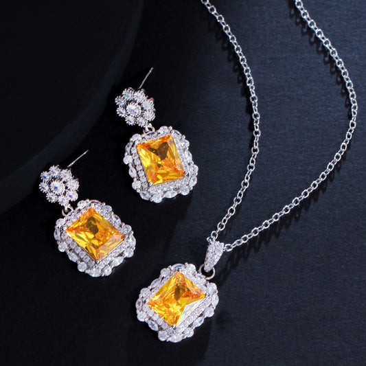 Milade Aura - Shining Square Cubic Zirconia Flower Fashion Jewelry Set Drop Earring Chain Link Necklace for Women